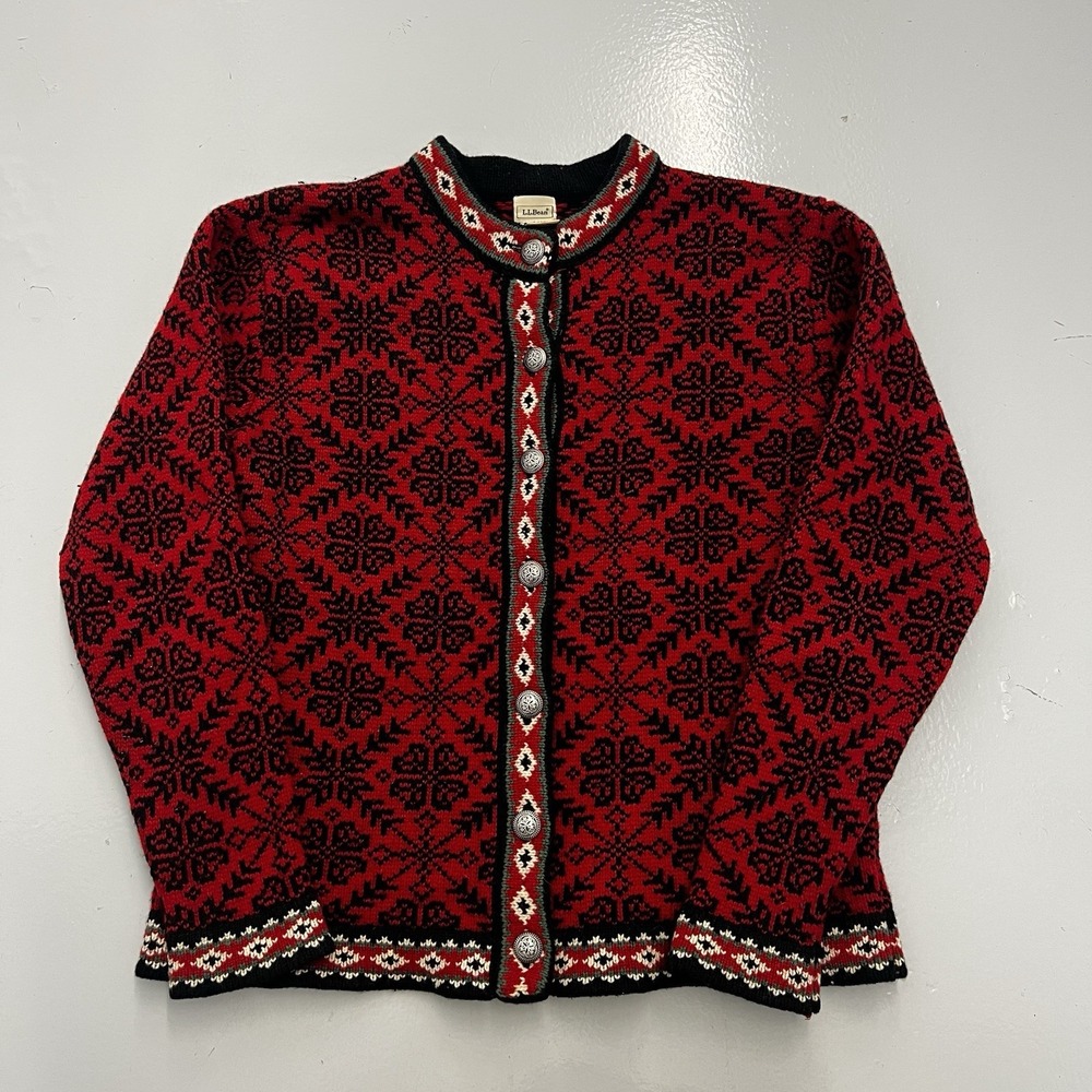 LL Bean Womens Medium Red Nordic Snowflake 100% Merino Wool Button Cardigan